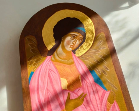 Hand-painted Archangel Michael, inspired by Andrei Rublev icons, created with egg tempera and gold leaf on wood.
