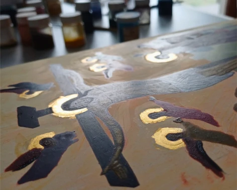Hand-painted Jesus icon in progress, showing the Passion of Christ with genuine 24K gold leaf gilding.