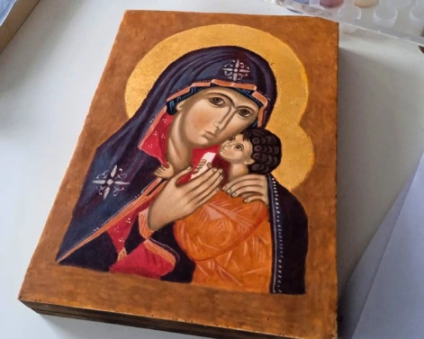 Hand-painted spiritual icons for prayer depicting the Theotokos Holy Mother of God in a peaceful Eleusa composition.