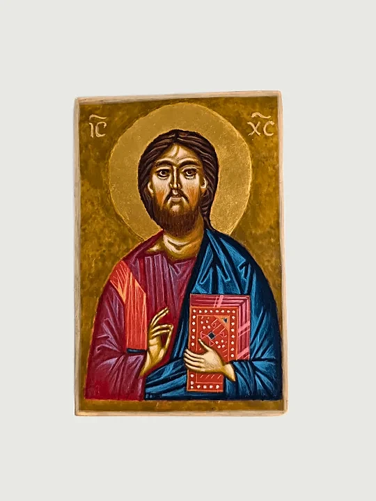 Christ Pantocrator Icon, handmade and painted with egg tempera on wood, 10x15 cm, featuring a traditional gold halo, authentic Byzantine-style Orthodox Christian religious art perfect for home altars, churches, collectors, or spiritual gifts.