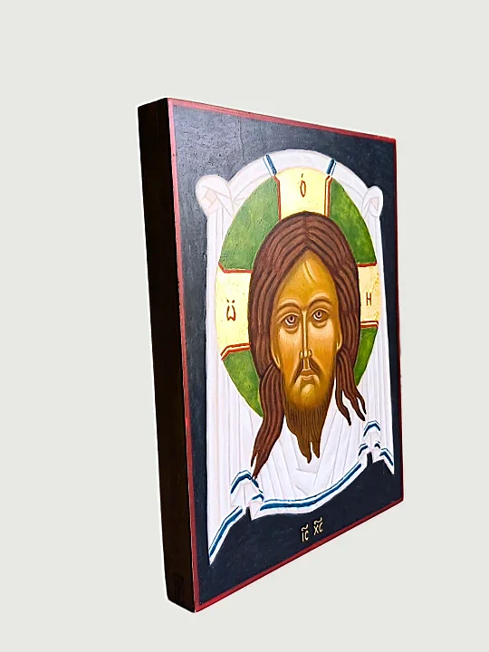 MANDYLION Icon of CHRIST-Hand-Painted Christian Orthodox Art Side profile of Face of Jesus Icon showing wood thickness, hand-painted with traditional egg tempera, 24K gold leaf on deep navy background. Perfect Byzantine icon for gift or personal prayer.