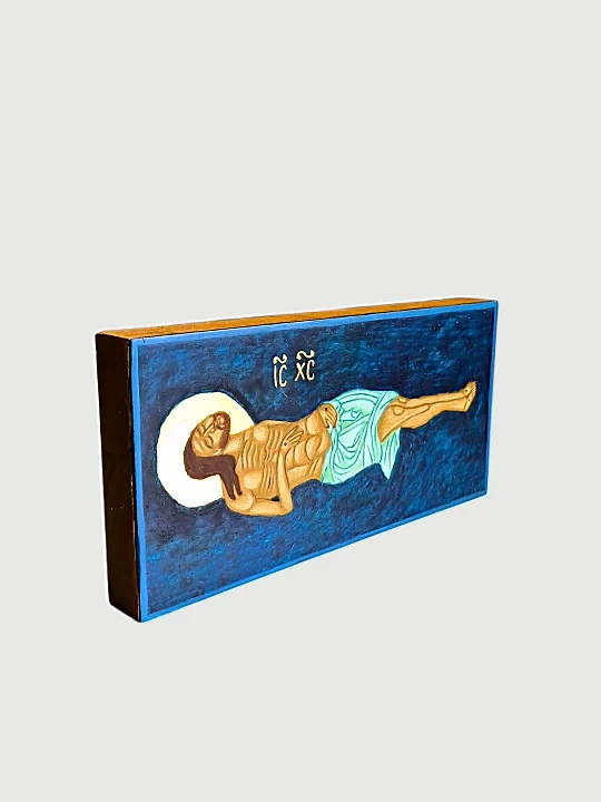 Jesus Before Resurrection Icon | Unique Hand-Painted Sacred Art Side profile of Jesus Before Resurrection Icon, showing thickness of seasoned linden wood (10 x 20 cm). Unique hand-painted Orthodox sacred art, perfect for contemplation of Salvation.
