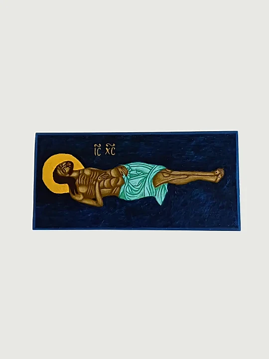 Small handmade Jesus Epitaphios Icon, 10x20 cm, hand-painted with egg tempera on a wooden panel, featuring a gold halo and Prussian blue background, traditional Orthodox Christian religious artwork ideal for home altars, churches, collectors, and spiritual gifts.