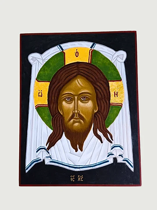 Mandylion Icon of Christ – Jesus Christ hand-painted in traditional Byzantine style on wood panel, religious Orthodox Christian art for prayer and home altar decoration.