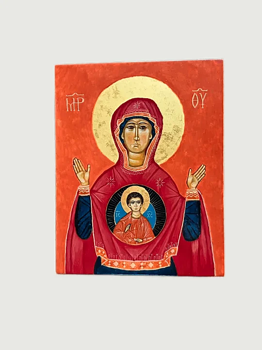 Mother of God Orant icon 20x25 cm – handmade in egg tempera with gold leaf on wood panel, traditional Orthodox Christian religious artwork.