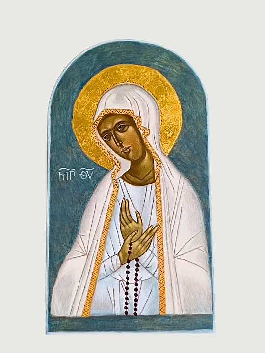 Our Lady of Fatima icon, hand-painted in traditional Orthodox style using the ancient egg tempera technique on a wooden panel and finished with genuine gold leaf, a sacred religious artwork ideal for collectors, churches, home altars, or spiritual gifts.