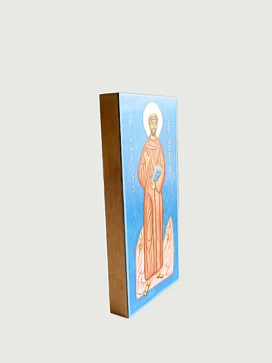 Saint Francis Icon Orthodox, left side view of hand-painted premium art on 10x20 cm wood panel, showcasing detailed Orthodox iconography.