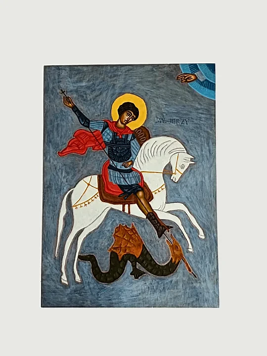 Saint George Orthodox Icon, hand-painted depiction of Saint George slaying the dragon, crafted with egg tempera on a wooden panel with a gold halo, 22x30 cm – traditional Byzantine-style Orthodox Christian religious artwork.