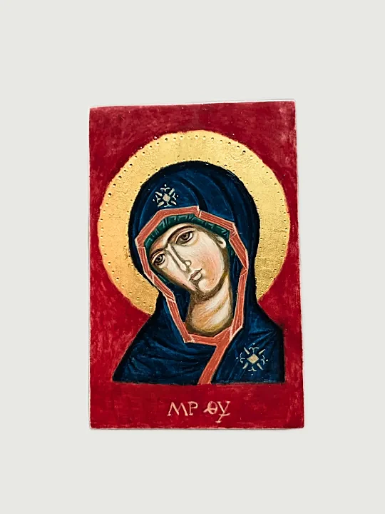 Theotokos Mary Icon, hand-painted Orthodox Catholic Christian painting on wood, perfect for private prayer, home altar, or as a small Catholic gift.