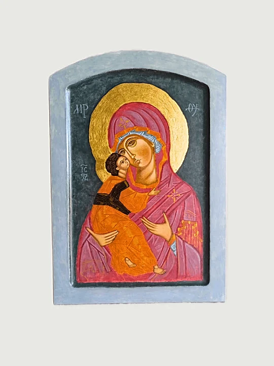 Virgin Mary of Vladimir icon handmade with egg tempera on wood, featuring traditional gold halo and Byzantine style – Orthodox Christian religious art.