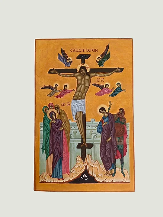 Hand Painted Crucifixion Icon Jesus on Cross with Angels Holy Mary and Saint John, Byzantine Gold Leaf Religious Art on Wood, 8x12 in