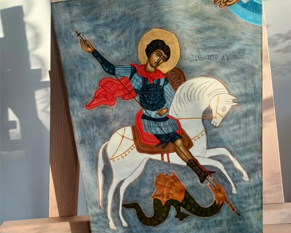 Hand-painted Saint George Icon as a unique Christian Icon Gift for weddings and baptisms.