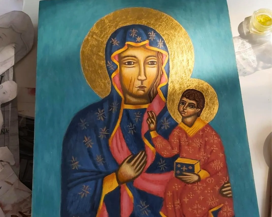 Hand-Painted Black Madonna Painting with 23-karat gold leaf details.