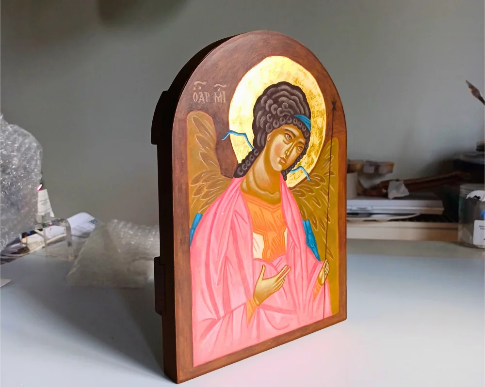 Hand-painted St. Michael Archangel Orthodox icon on wood with 24kt gold leaf.