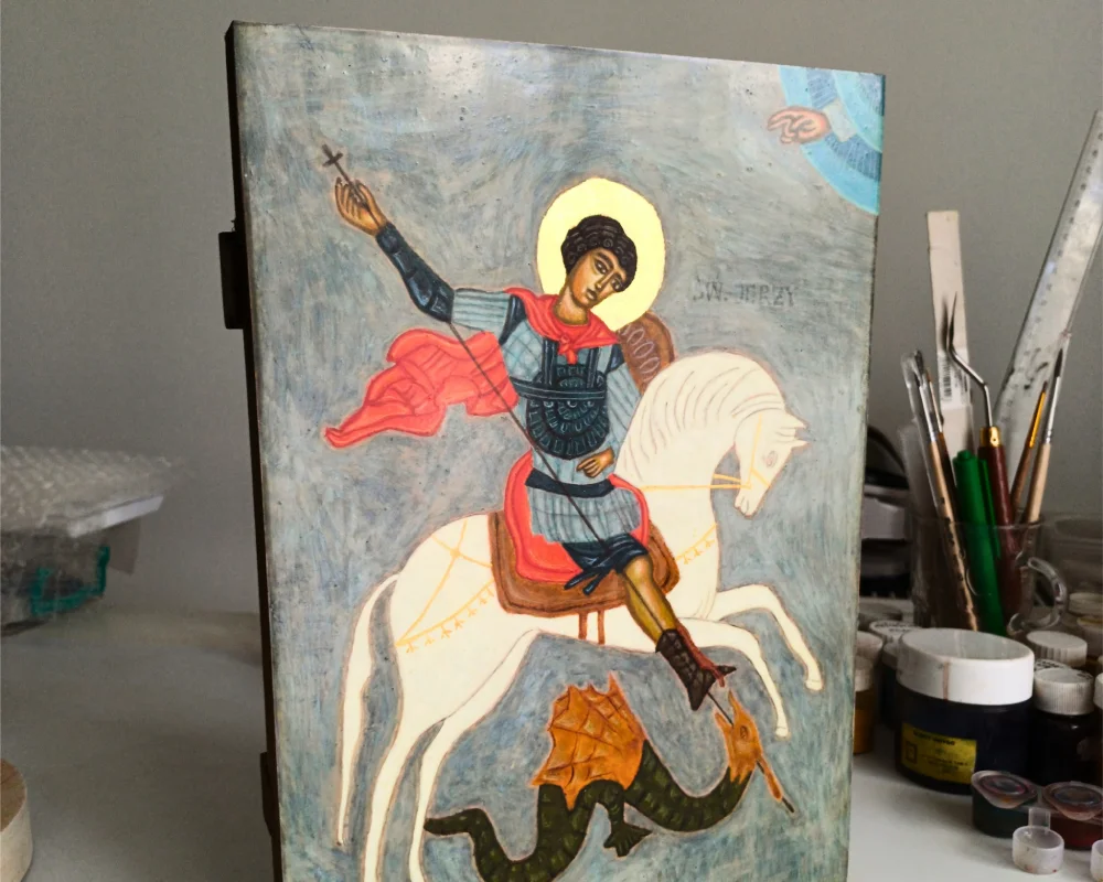 Hand-painted Orthodox icon of Saint George the Dragon Slayer with 24K gold leaf.