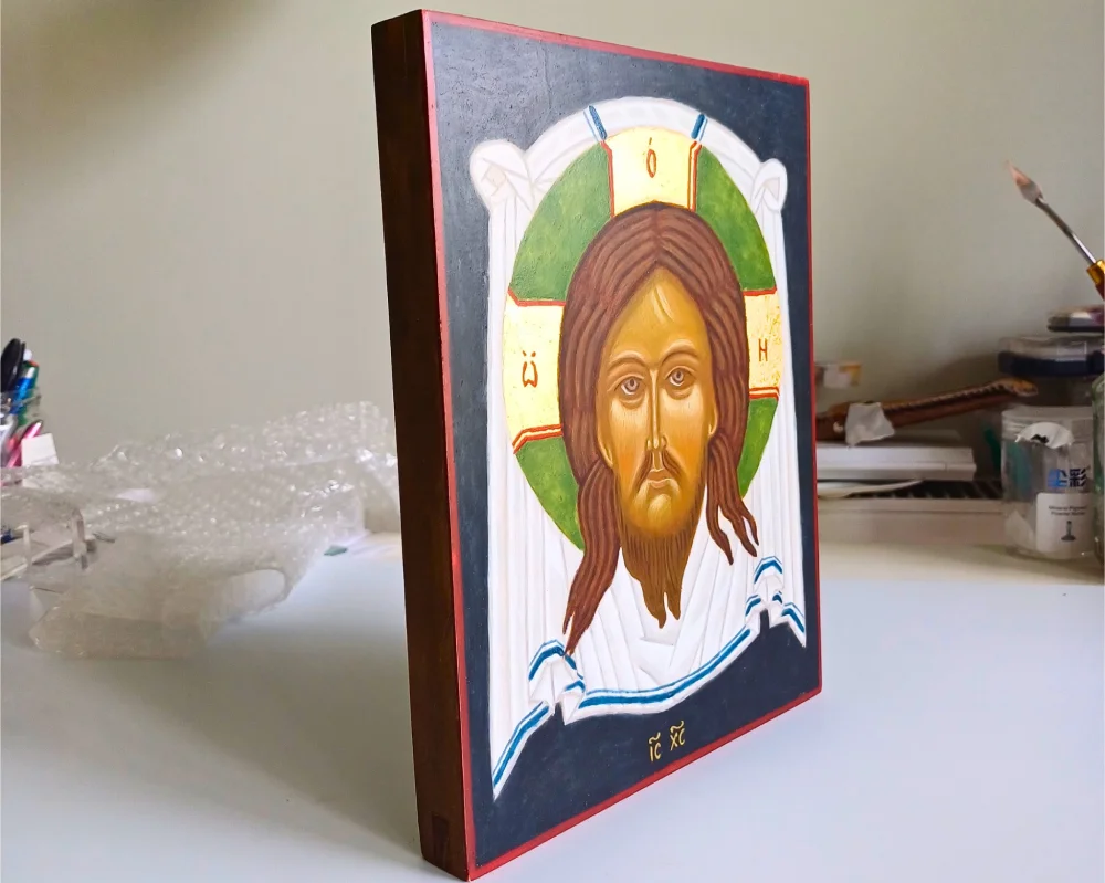 Hand-painted Holy Face of Jesus icon on linden wood with genuine gold leaf, Mandylion style.