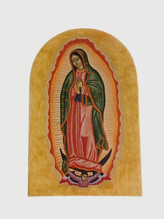 Stunning Hand-painted Our Lady of Guadalupe painting with genuine gold leaf on a linden wood panel.