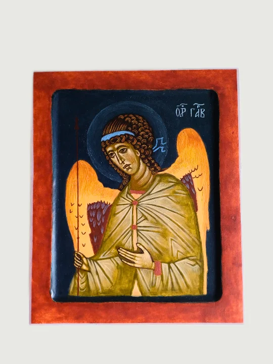 Handmade Gabriel Angel icon on linden wood, egg tempera painting with Greek indigo background, traditional kovcheg, perfect Orthodox baptism gift for Gabriel